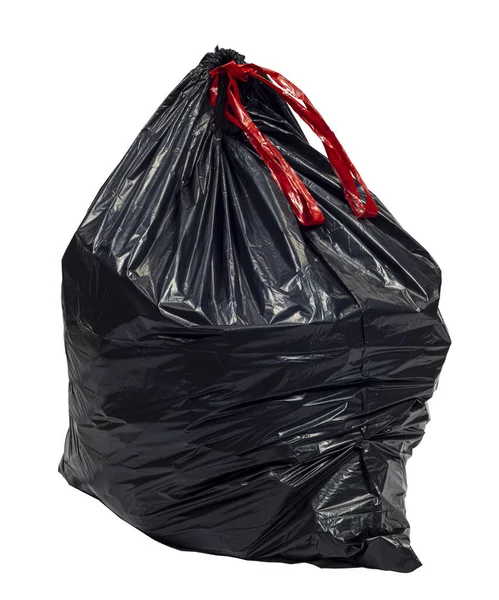 Vertical Shot Full Black Trash Bag Top Closed Red Ties — Stock Photo, Image