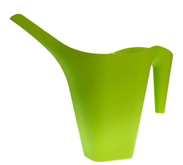 Horizontal Close Shot Green Plastic Watering Can White Background Copy — Stock Photo, Image