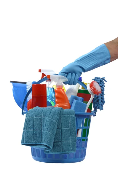 Vertical Shot Blue Gloved Hand Holding Blue Plastic Basket Cleaning — Stock Photo, Image