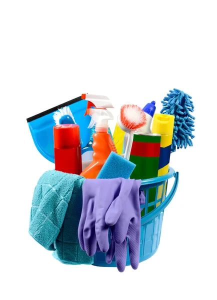 Vertical Shot Blue Plastic Basket Filled Cleaning Supplies Isolated White — Stock Photo, Image