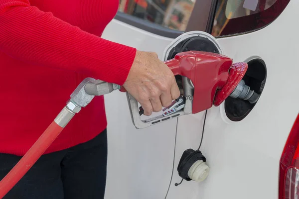 Horizontal Close Shot Woman Hand Pumping Gas Her White Car — Stock Photo, Image