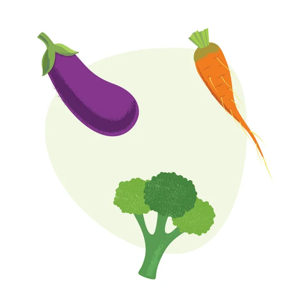 Świeże warzywa marchew, brokuły, bakłażan. Ilustracja wektorowa. — Wektor stockowy