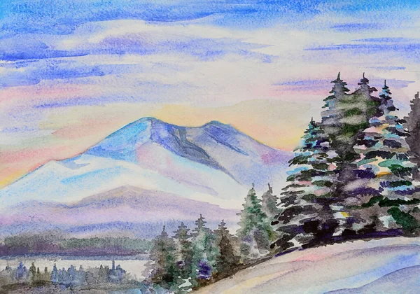 Acuarela ilustración dibujada a mano del paisaje de montaña de invierno con árboles de Navidad — Foto de Stock
