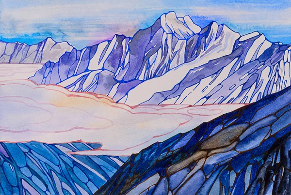 Acuarela ilustración dibujada a mano de las montañas de invierno paisaje en las nubes . — Foto de Stock