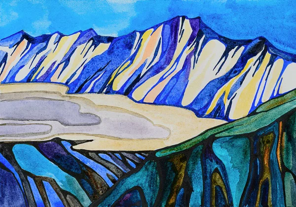 Acquerello disegnato a mano illustrazione delle montagne invernali paesaggio tra le nuvole . — Foto Stock