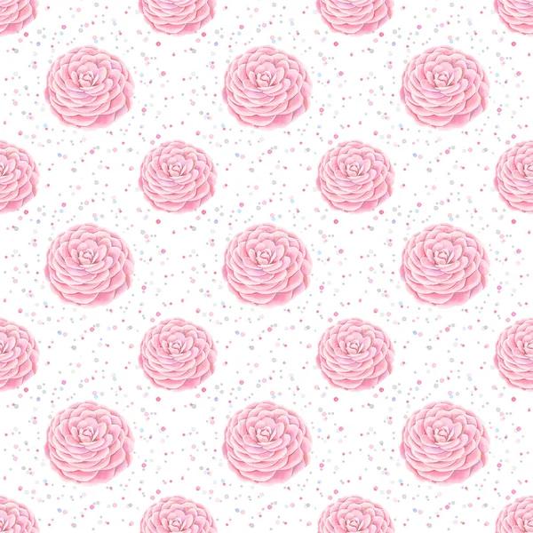Aquarell nahtloses Muster mit rosa Kamelienblüten, Tropfen und grünen Blättern auf weißem Hintergrund. — Stockfoto