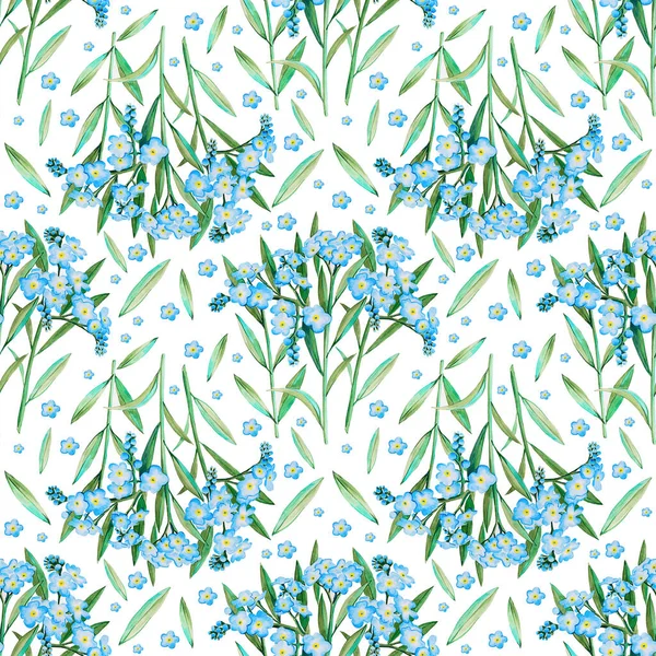 Watercolor seamless pattern of blue forget-me-nots. Seamless patterns of small twigs with blue flowers and green leaves