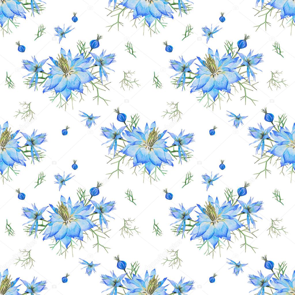 Watercolor seamless geometric pattern of blue nigella flowers and leaves. Seamless patterns on a white background