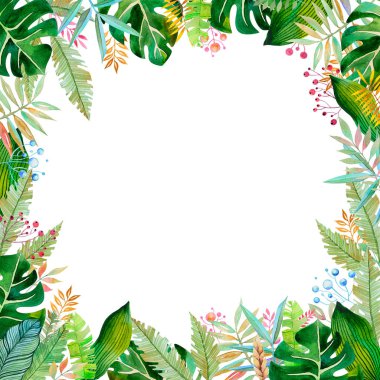 El yapımı suluboya, pembe böğürtlenli yaprak ve dallardan oluşan çerçeve, herhangi bir yazı için boş, beyaz arkaplan