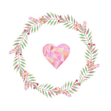 El yapımı suluboya, pembe böğürtlenli yaprak ve dallardan oluşan yuvarlak çerçeve, ortada pembe kesimli kalp, beyaz arka plan, kartlar için.