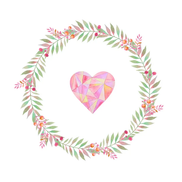 Handmade watercolor, round frame of leaves and branches with pink berries, pink faceted heart in the center, white background, for cards — Stock Photo, Image