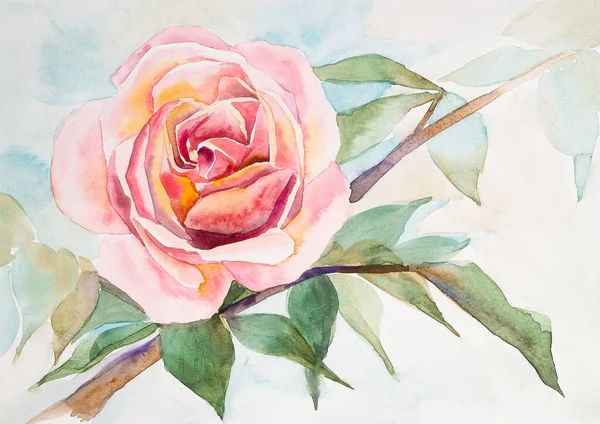 Rosa floreciente grande con una rama de hojas, acuarela hecha a mano, adecuada para invitaciones —  Fotos de Stock
