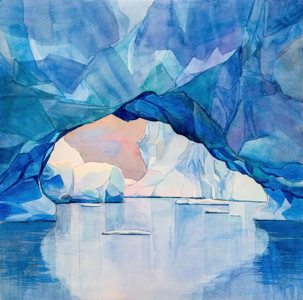 Arco de hielo antártico a través del cual se ven bloques de hielo blanco, paisaje alrededor de la Antártida, acuarela artesanal — Foto de Stock