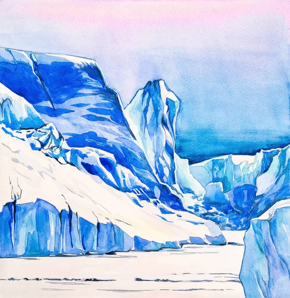 Montañas antárticas hechas de hielo y nieve, acuarela hecha a mano —  Fotos de Stock