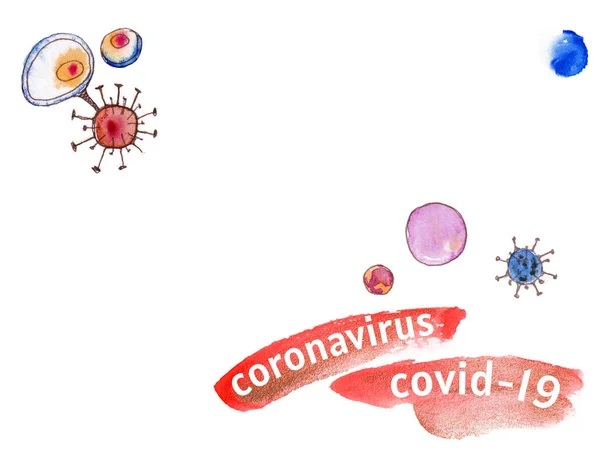 Arkusz do tekstu z rysunkami bakterii i komórek, z napisami koronawirus i covid-19 — Zdjęcie stockowe