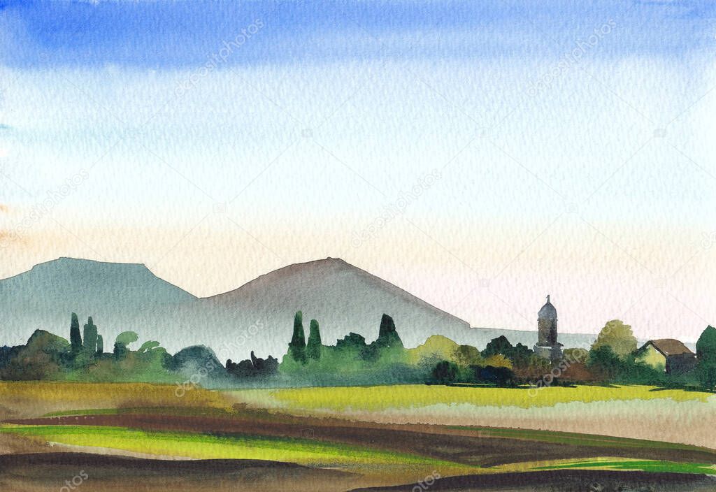 Watercolor landscape with a large cloudless sky, mountains and fields