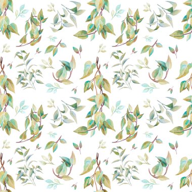 Beyaz zemin üzerinde kusursuz bir yaprak ve dal deseni, suluboya el yapımı, farklı boyutlarda yapraklar ve dallar yeşil, arkaplan için uygun, hediye kağıdı, dekorasyon ürünleri telefon, çanta, yatak takımı