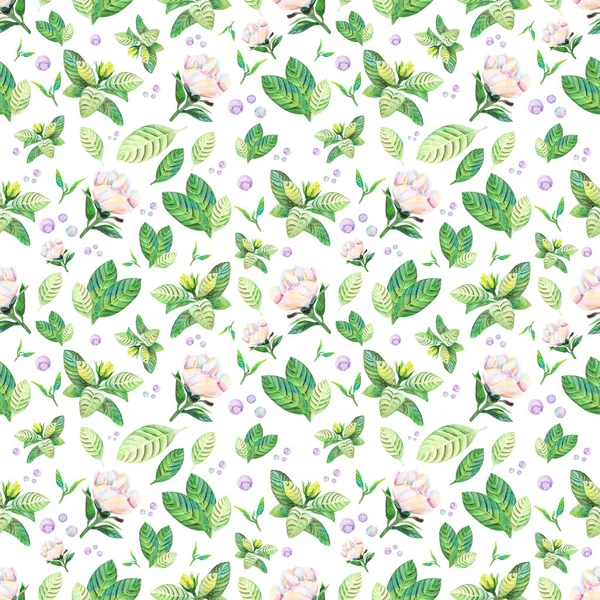 Flowers Seamless Pattern Leaves White Background Handmade Watercolor Gardenia Buds — Stock Photo, Image