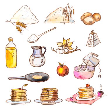 Krep, suluboya, kalem, un, yağ, karıştırıcı, rende, sürahi, elma, vanilya, kızartma tavası, menüler ve tarifler için beyaz arka planda çizimler
