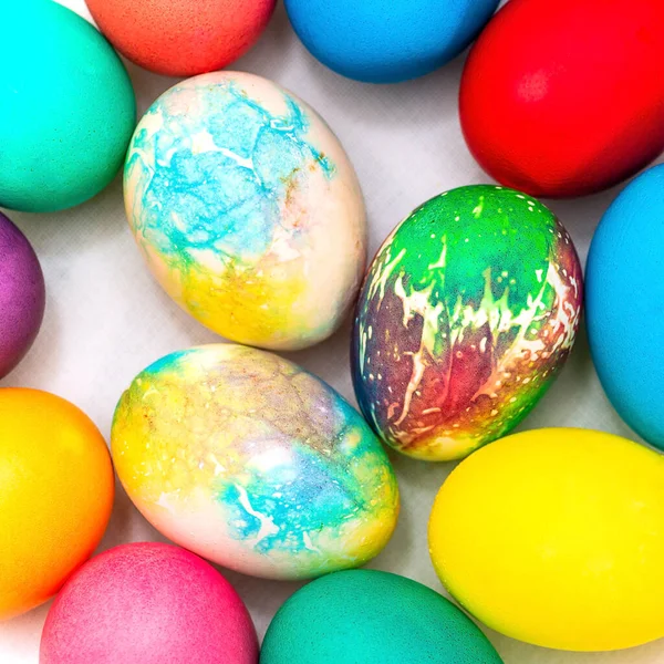 Background of colored eggs, top view, Easter, colorful eggs