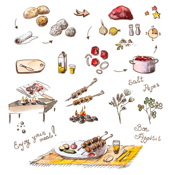 Set of skewers drawings and ingredients for cooking, watercolor and pen — Stock Photo, Image