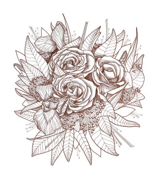 Çiçek buketi, üst manzara, kahverengi kalem.