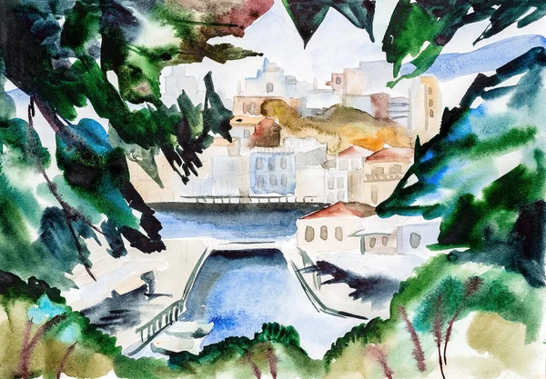 Akvarell landskap stad på floden träsk blad — Stockfoto
