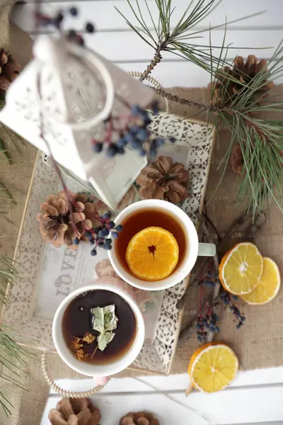 Tea with christmas decoration — Stock Photo, Image