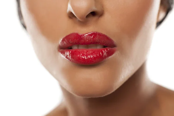 与红色唇膏的嘴唇 — 图库照片