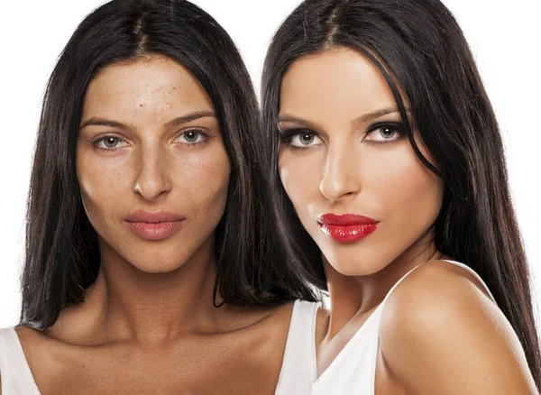 Mujeres con y sin maquillaje —  Fotos de Stock