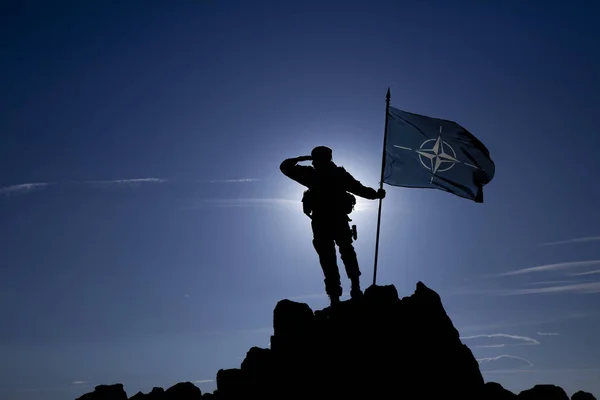 Conquistador com uma bandeira — Fotografia de Stock