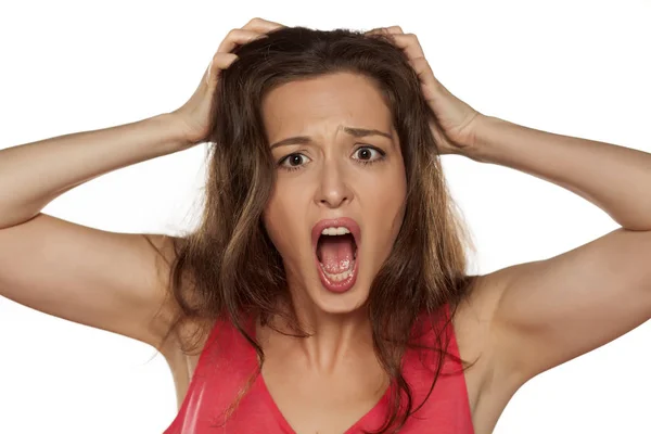 Woman with itchy scalp — Stock Photo, Image