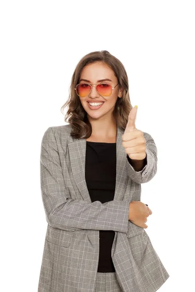 Beautiful Woman Sunglasses Casual Women Suit Showing Thumb — Stock Photo, Image