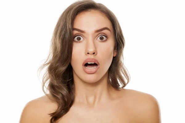 Beautiful Young Shocked Woman White Background — Stock Photo, Image