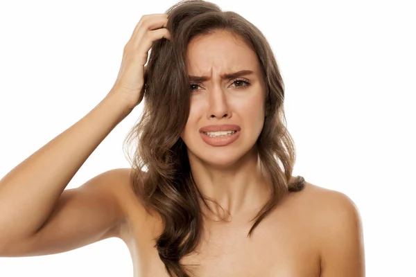 Nervous Young Woman Having Itch Her Scalp — Stock Photo, Image