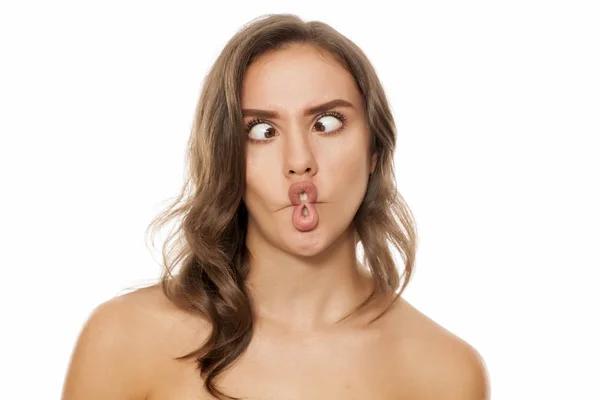 Young Woman Making Fish Face White Background — Stock Photo, Image