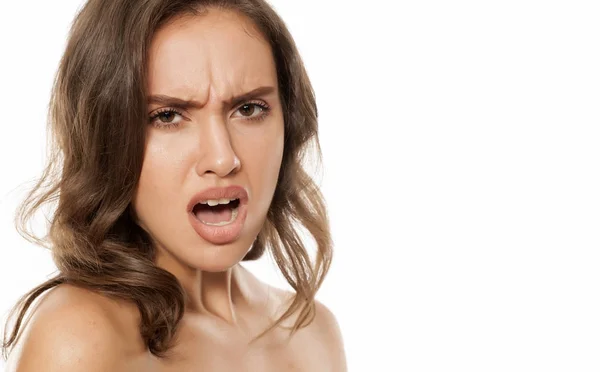 Young Beautiful Angry Woman White Background — Stock Photo, Image