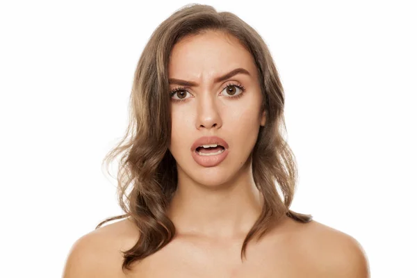 Young Beautiful Surprised Woman White Background — Stock Photo, Image