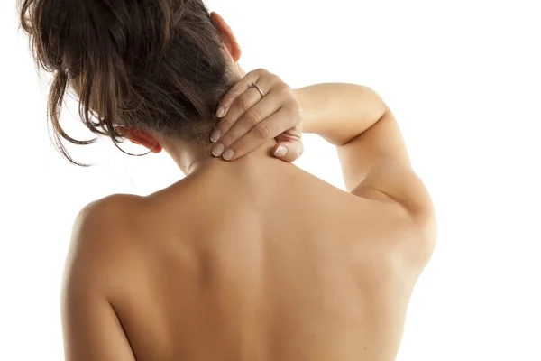 Visão Traseira Uma Mulher Com Dor Pescoço Ombros — Fotografia de Stock