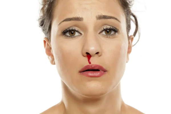Sad Young Woman Nose Bleeding — Stock Photo, Image