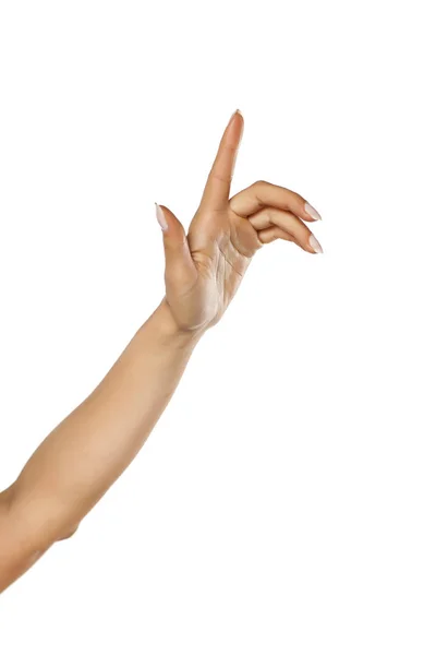 Γυναικείο Χέρι Αγγίζει Ένα Κενό Διάστημα Δείκτη — Φωτογραφία Αρχείου