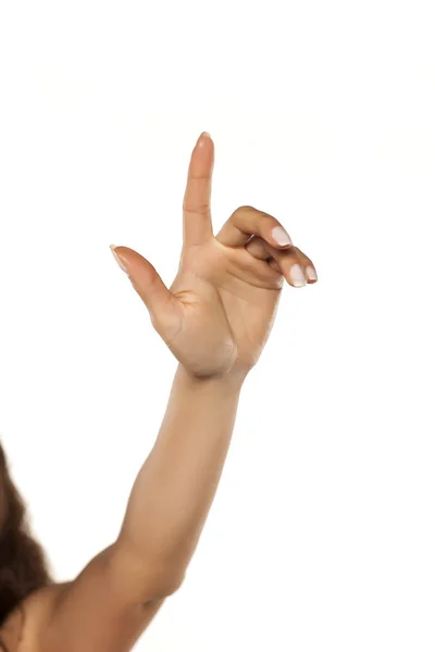 Mano Femenina Tocando Espacio Blanco Con Dedo Índice —  Fotos de Stock