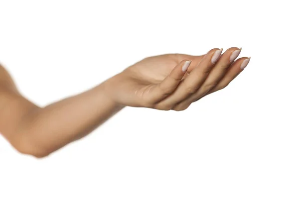 Γυναικείο Χέρι Εκμετάλλευση Ενός Φανταστικού Αντικειμένου Λευκό Φόντο — Φωτογραφία Αρχείου