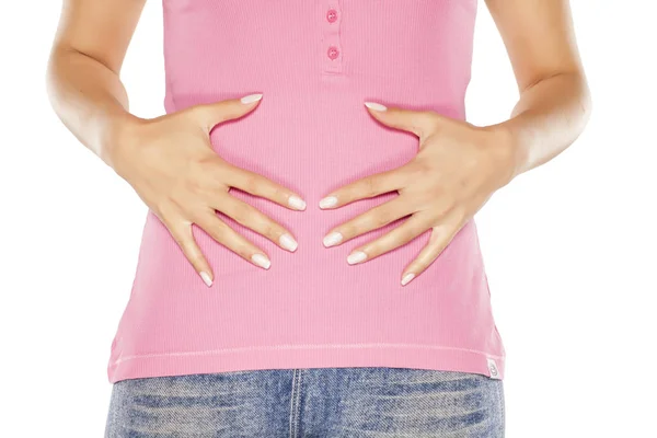 Woman Holding Her Palms Her Stomach — Stock Photo, Image