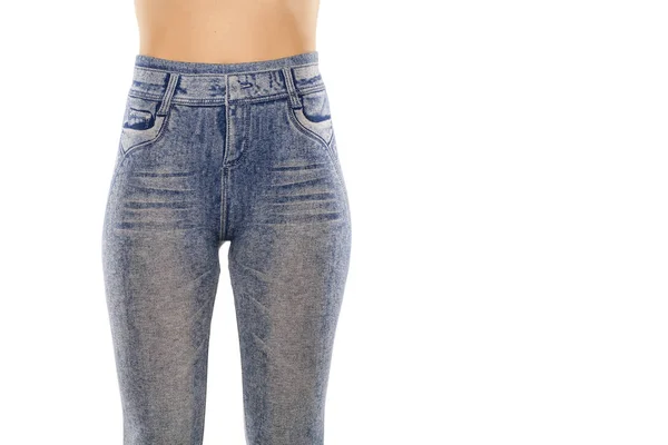 Vista Frontale Una Donna Jeans Leggings Stampa Sfondo Bianco — Foto Stock