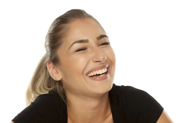 Mooi Lachen Tiener Meisje Een Witte Achtergrond — Stockfoto