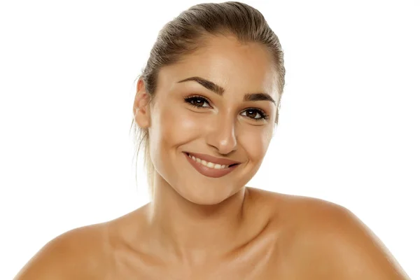 Young Smiling Woman Bare Shoulders Posing White Background — Stock Photo, Image