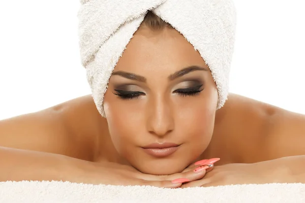 Young Beautiful Woman Posing Towel Her Head White Background — Stock Photo, Image