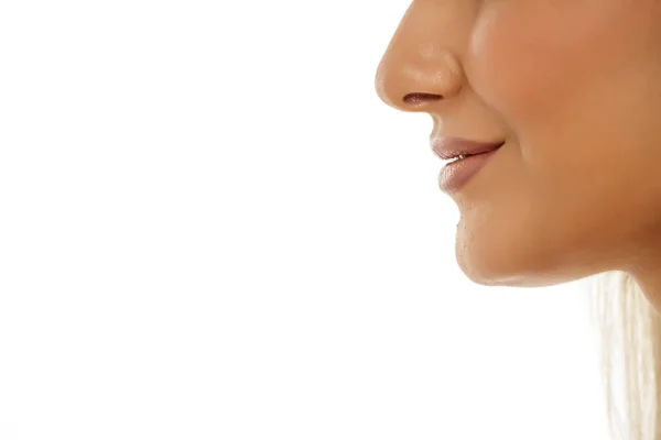 Μύτη Χείλη Και Πηγούνι Από Μια Νεαρή Γυναίκα Λευκό Φόντο — Φωτογραφία Αρχείου