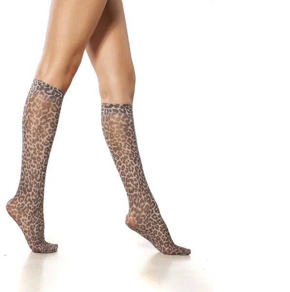 Diz Yüksek Leopar Baskı Naylon Çorap Kadın Bacaklar — Stok fotoğraf